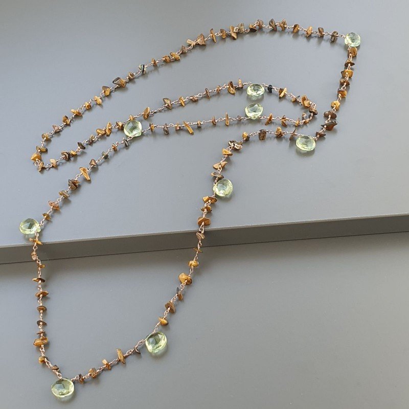 Collana A Nodo Orafo Rosato Con Occhio Di Tigre E Ametista Verde Idrotermale