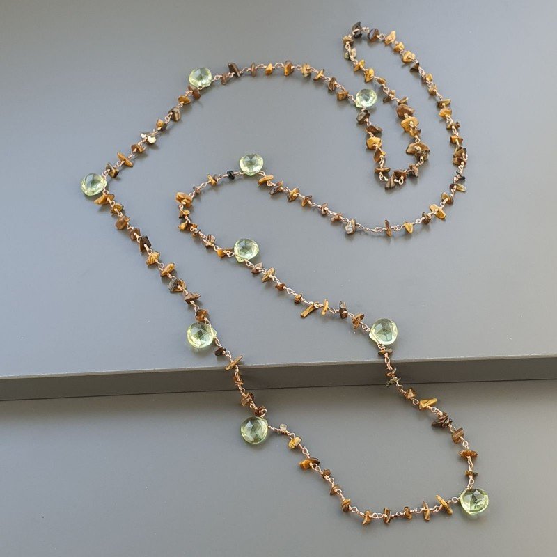 Collana A Nodo Orafo Rosato Con Occhio Di Tigre E Ametista Verde Idrotermale