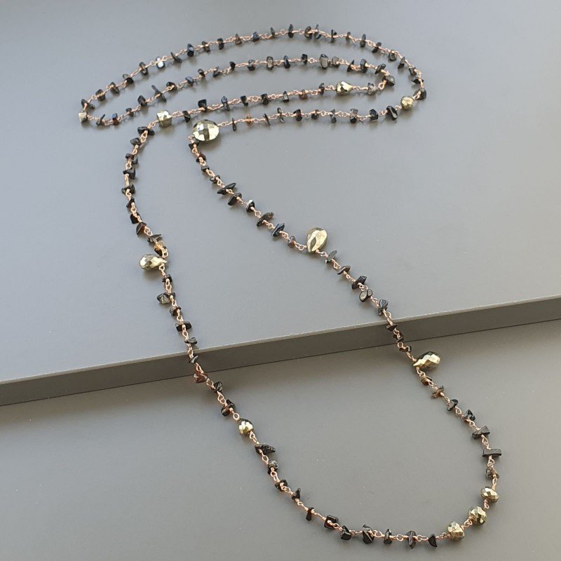 Collana A Nodo Orafo Rosato Con Onice Nera E Pirite Naturale