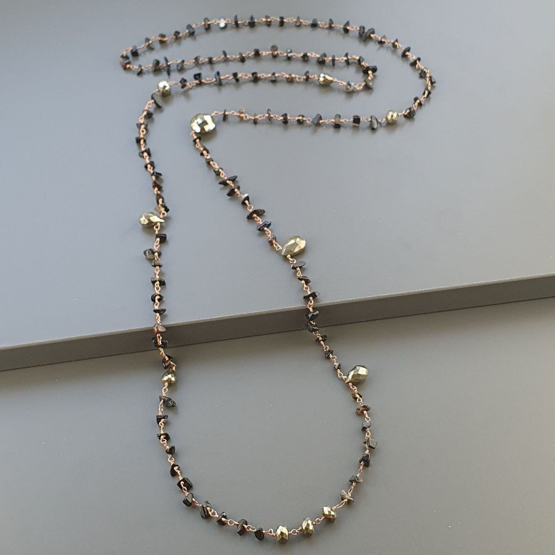 Collana A Nodo Orafo Rosato Con Onice Nera E Pirite Naturale