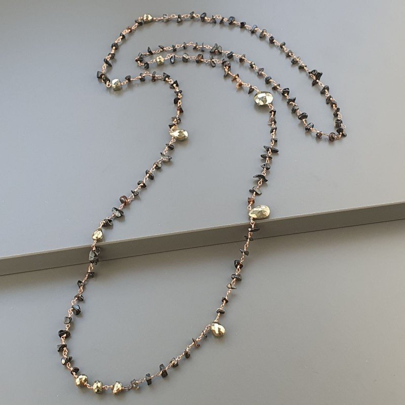 Collana A Nodo Orafo Rosato Con Onice Nera E Pirite Naturale