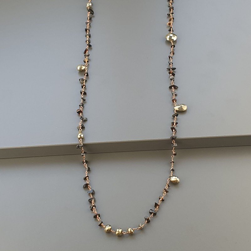 Collana A Nodo Orafo Rosato Con Onice Nera E Pirite Naturale