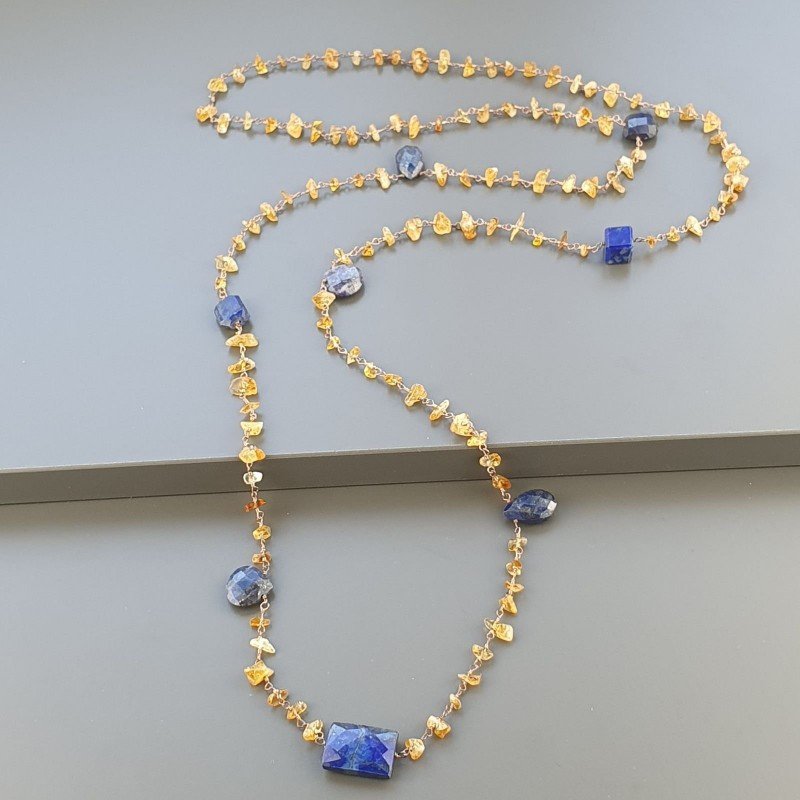 Collana A Nodo Orafo Rosato Con Quarzo Citrino E Lapis Lazuli
