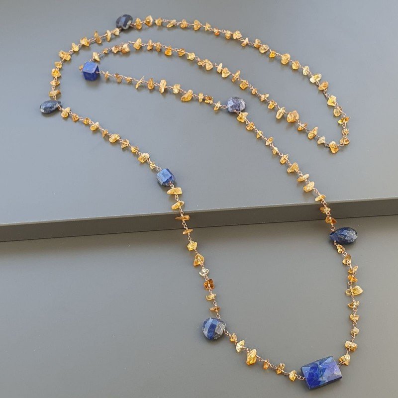 Collana A Nodo Orafo Rosato Con Quarzo Citrino E Lapis Lazuli