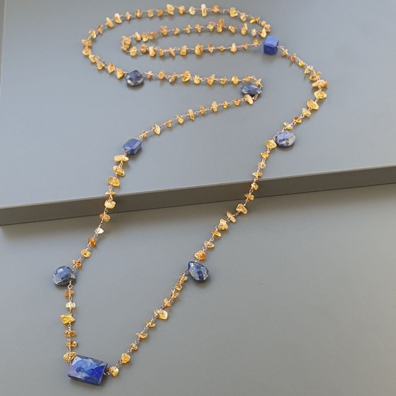 Collana A Nodo Orafo Rosato Con Quarzo Citrino E Lapis Lazuli