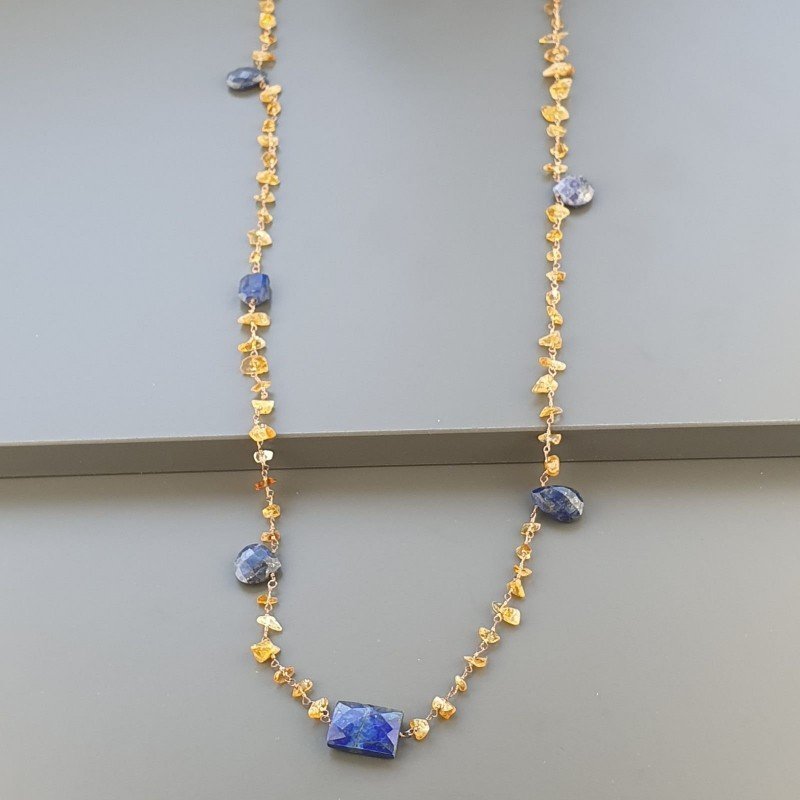 Collana A Nodo Orafo Rosato Con Quarzo Citrino E Lapis Lazuli