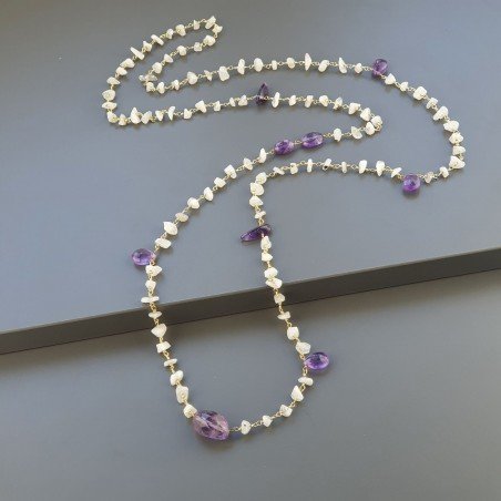 Collana A Nodo Orafo Dorato Con Labradorite Bianca E Ametista