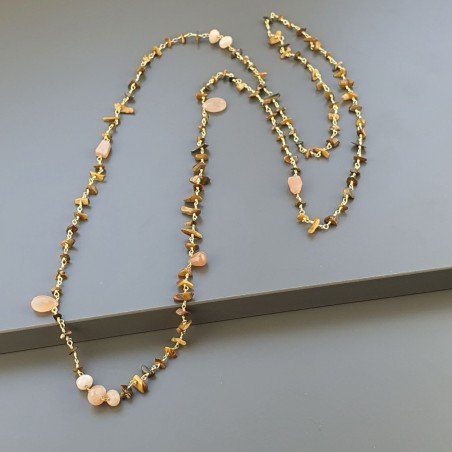 Collana A Nodo Orafo Dorato Con Occhio Di Tigre E Pietra Di Luna Beige Rosa