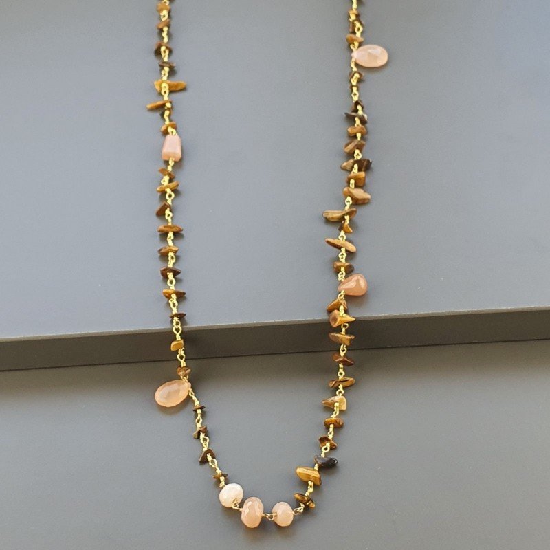 Collana A Nodo Orafo Dorato Con Occhio Di Tigre E Pietra Di Luna Beige Rosa