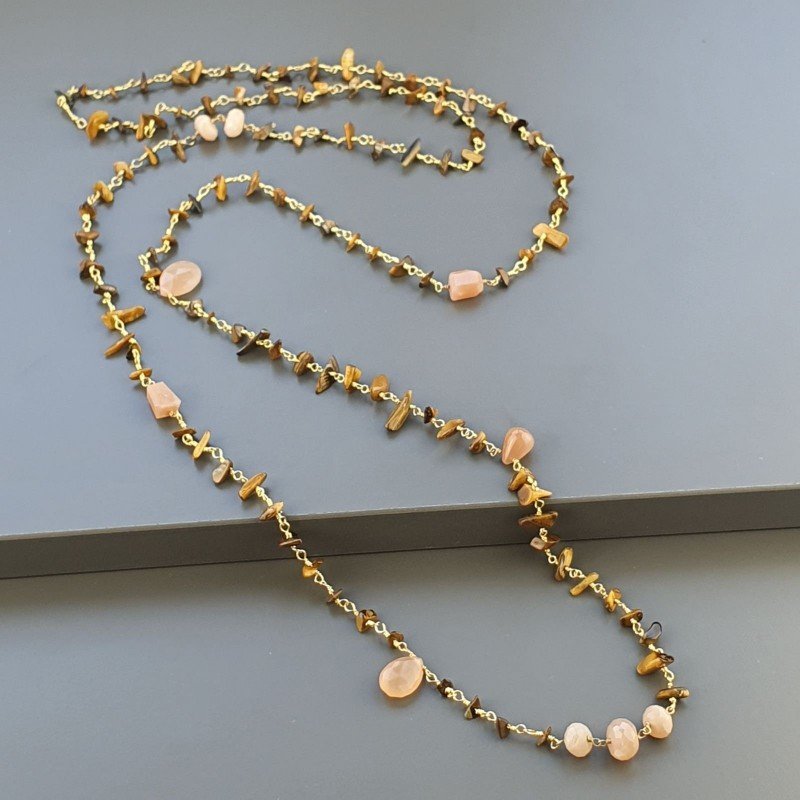Collana A Nodo Orafo Dorato Con Occhio Di Tigre E Pietra Di Luna Beige Rosa