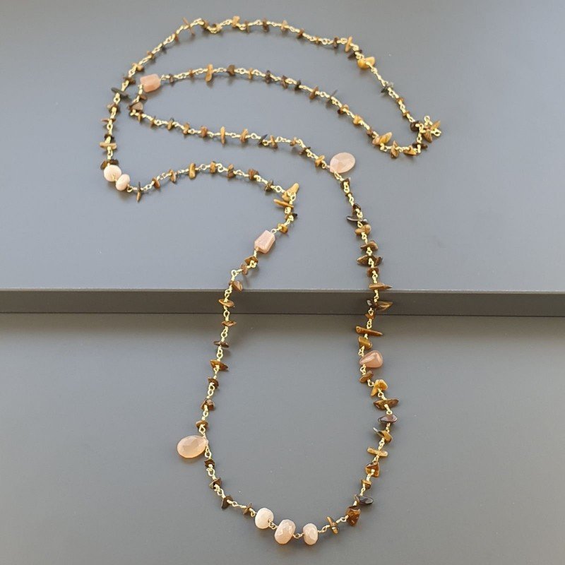 Collana A Nodo Orafo Dorato Con Occhio Di Tigre E Pietra Di Luna Beige Rosa