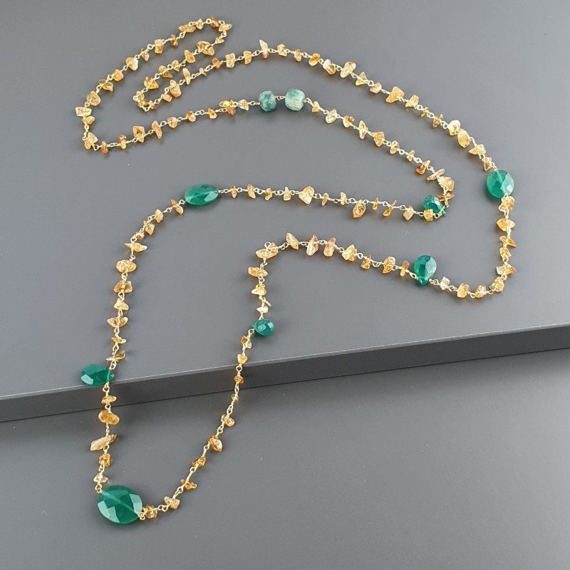 Collana A Nodo Orafo Dorato con Quarzo Citrino,Onice verde e Giada