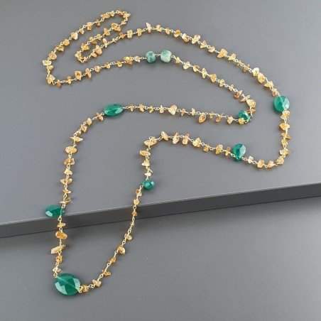 Collana A Nodo Orafo Dorato con Quarzo Citrino,Onice verde e Giada