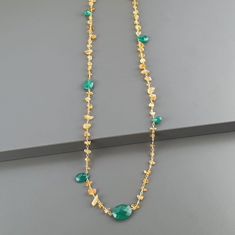 Collana A Nodo Orafo Dorato con Quarzo Citrino,Onice verde e Giada