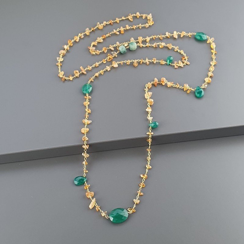 Collana A Nodo Orafo Dorato con Quarzo Citrino,Onice verde e Giada