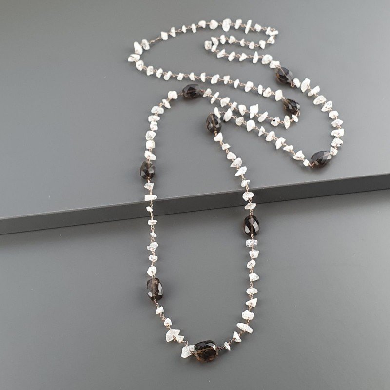 Collana A Nodo Orafo Rosato Con Labradorite Bianca E Quarzo Fume