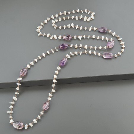 Collana A Nodo Orafo Rosato Con Labradorite Bianca E Ametista Braziliana