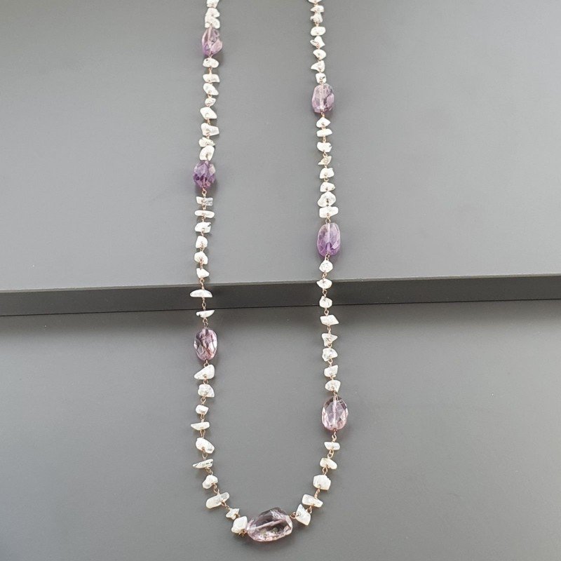 Collana A Nodo Orafo Rosato Con Labradorite Bianca E Ametista Braziliana