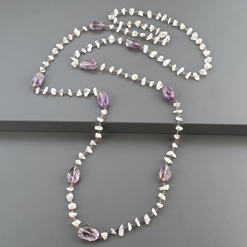 Collana A Nodo Orafo Rosato Con Labradorite Bianca E Ametista Braziliana