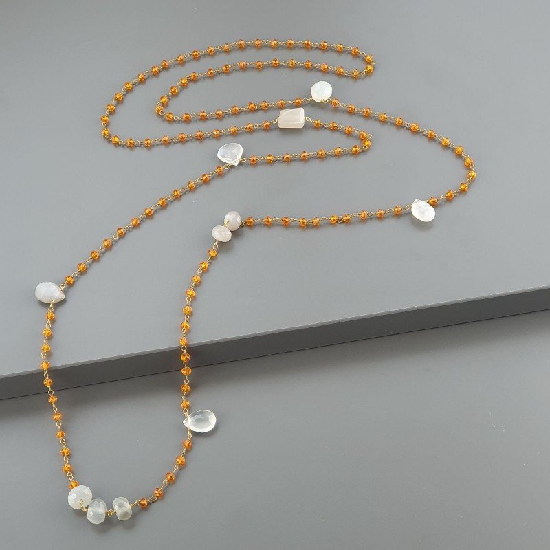 Collana A Nodo Orafo Dorato Con Cristallo Arancio E PIetra Di Luna