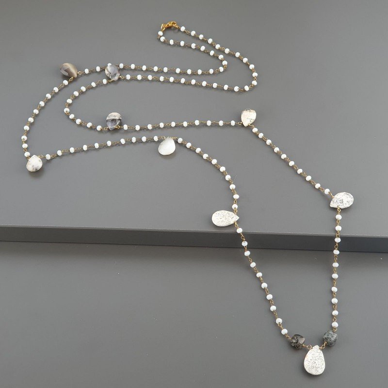 Collana A Nodo Orafo Dorato Con Cristallo Opaco E Opale Dendritica