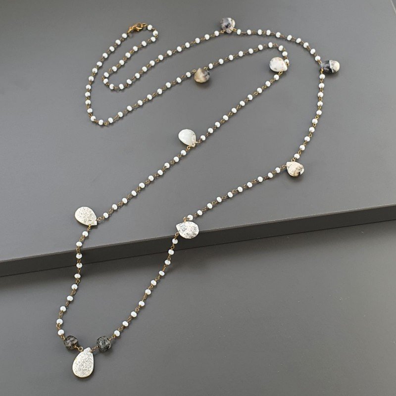 Collana A Nodo Orafo Dorato Con Cristallo Opaco E Opale Dendritica