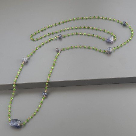 Collana A Nodo Orafo Dorato Con Cristallo Verde,Iolite E Giada