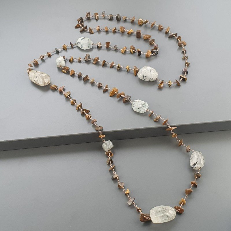 Collana A Nodo Orafo Rosato Con Occhio Di Tigre E Quarzo Rutillato Nero