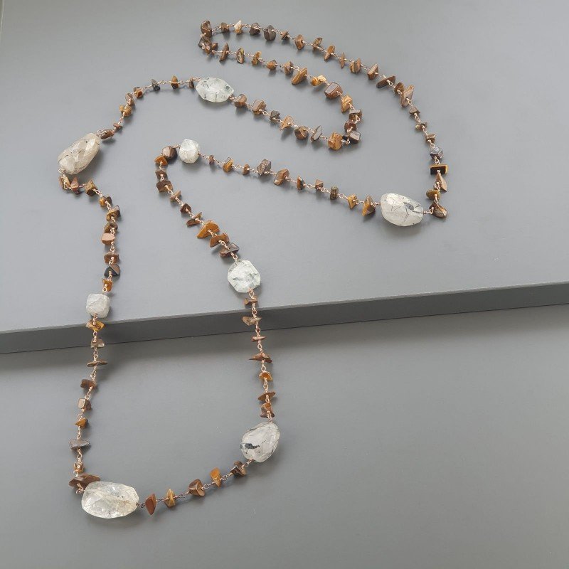 Collana A Nodo Orafo Rosato Con Occhio Di Tigre E Quarzo Rutillato Nero