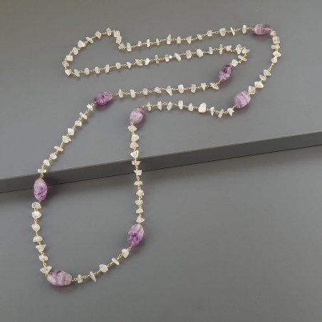 Collana A Nodo Orafo Dorato Con Pietra Di Luna (Adularia) E Fluorite Viola