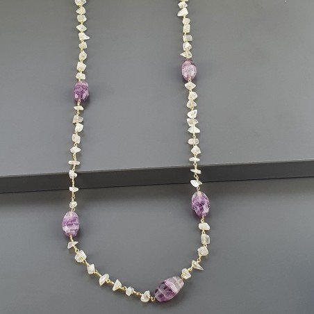 Collana A Nodo Orafo Dorato Con Pietra Di Luna (Adularia) E Fluorite Viola