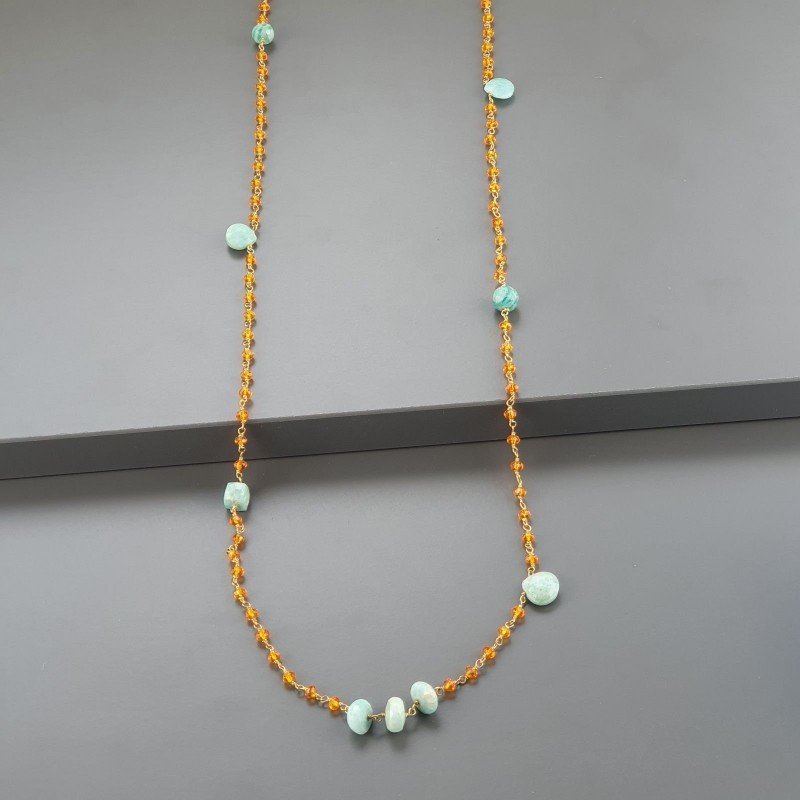 Collana A Nodo Orafo Dorato Con Cristallo Arancio E Amazonite