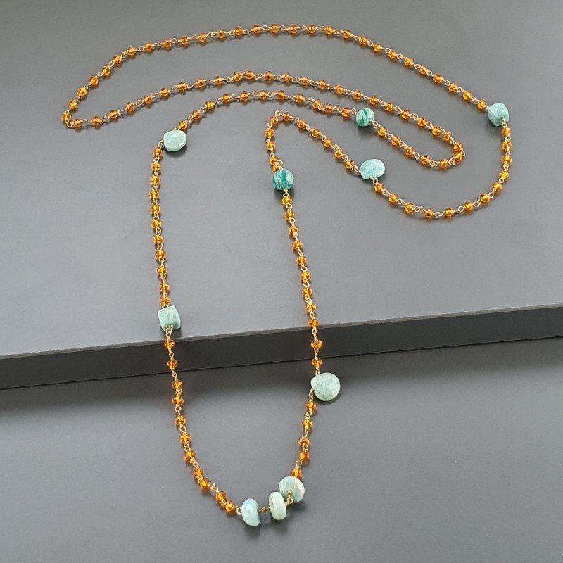 Collana A Nodo Orafo Dorato Con Cristallo Arancio E Amazonite