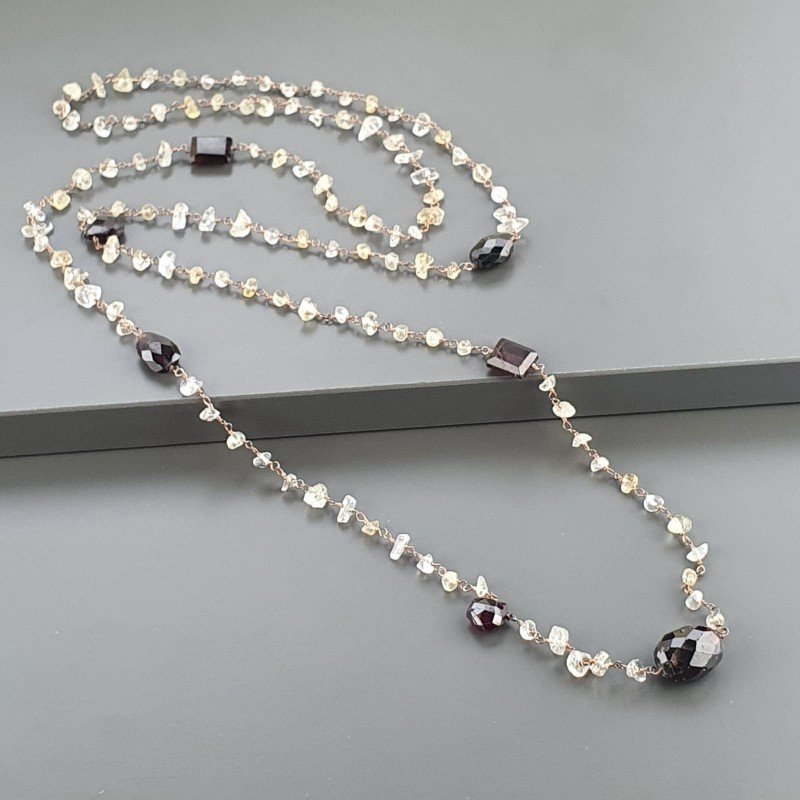 Collana A Nodo Orafo Rosato Con Quarzo Citrino E Granato Collana A Nodo Orafo Rosato Con Quarzo Citrino E Granato
