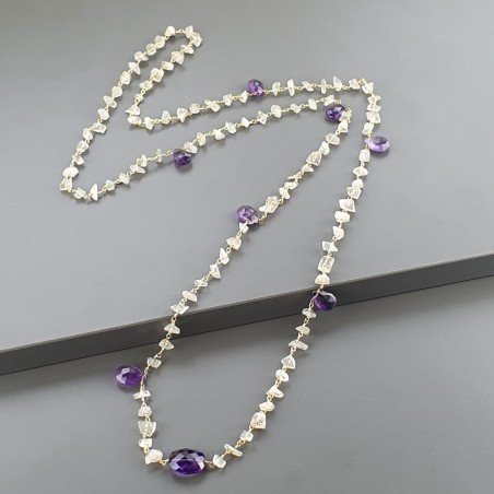 Collana A Nodo Orafo Dorato Con Pietra Di Luna (Adularia),Ametista Africana E Ametista Idrotermale