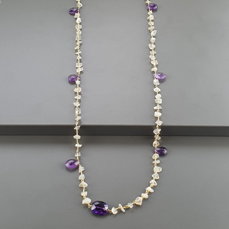 Collana A Nodo Orafo Dorato Con Pietra Di Luna (Adularia),Ametista Africana E Ametista Idrotermale Collana A Nodo Orafo Dorato Con Pietra Di Luna (Adularia),Ametista Africana E Ametista Idrotermale