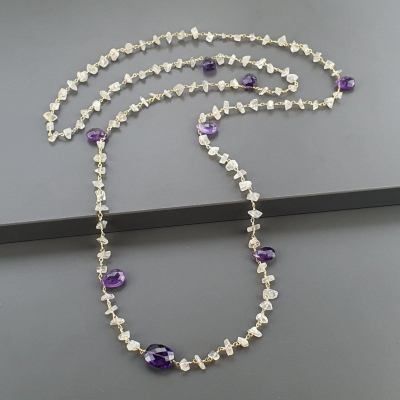 Collana A Nodo Orafo Dorato Con Pietra Di Luna (Adularia),Ametista Africana E Ametista Idrotermale Collana A Nodo Orafo Dorato Con Pietra Di Luna (Adularia),Ametista Africana E Ametista Idrotermale
