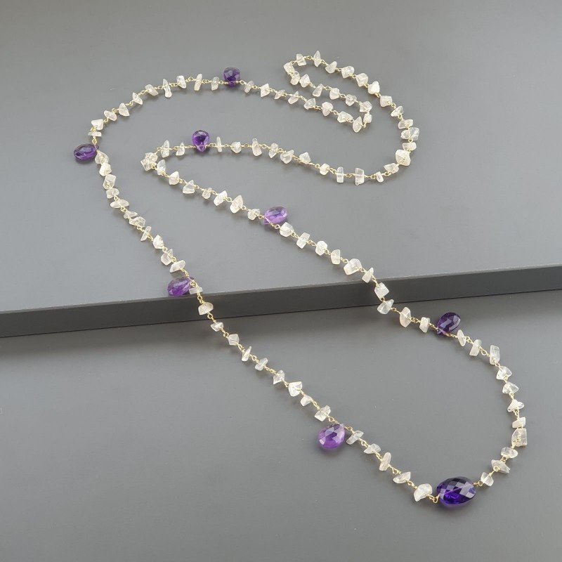 Collana A Nodo Orafo Dorato Con Pietra Di Luna (Adularia),Ametista Africana E Ametista Idrotermale Collana A Nodo Orafo Dorato Con Pietra Di Luna (Adularia),Ametista Africana E Ametista Idrotermale
