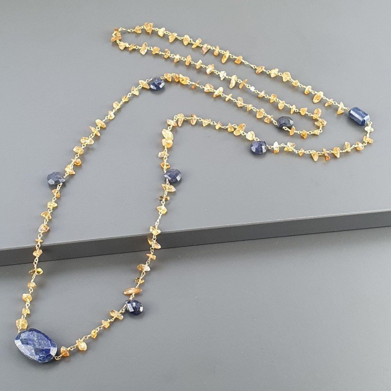 Collana A Nodo Orafo Dorato con Quarzo Citrino E Lapis Lazuli