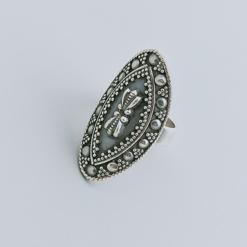 Anello Di Argento 925 Lavorato a Mano Filigrana Forma Regina Stile Etnico - Misura 18