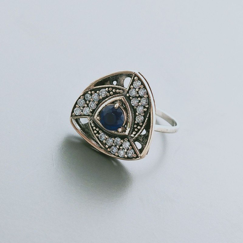 Anello Di Argento 925 con Radice di Zaffiro e Zircone Stile Etnico - Misura 18