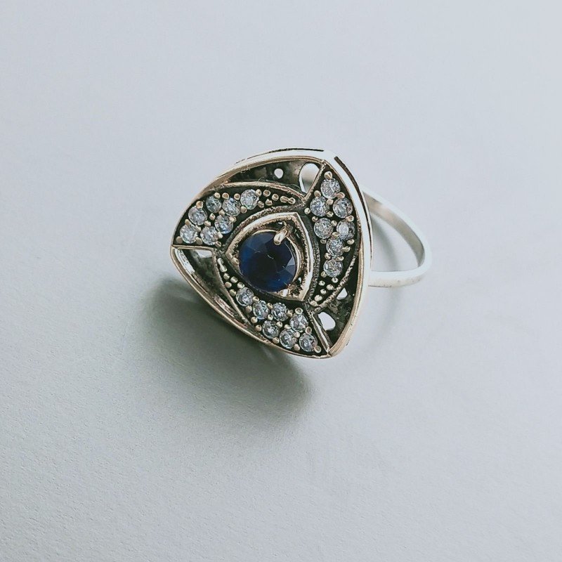 Anello Di Argento 925 con Radice di Zaffiro e Zircone Stile Etnico - Misura 18
