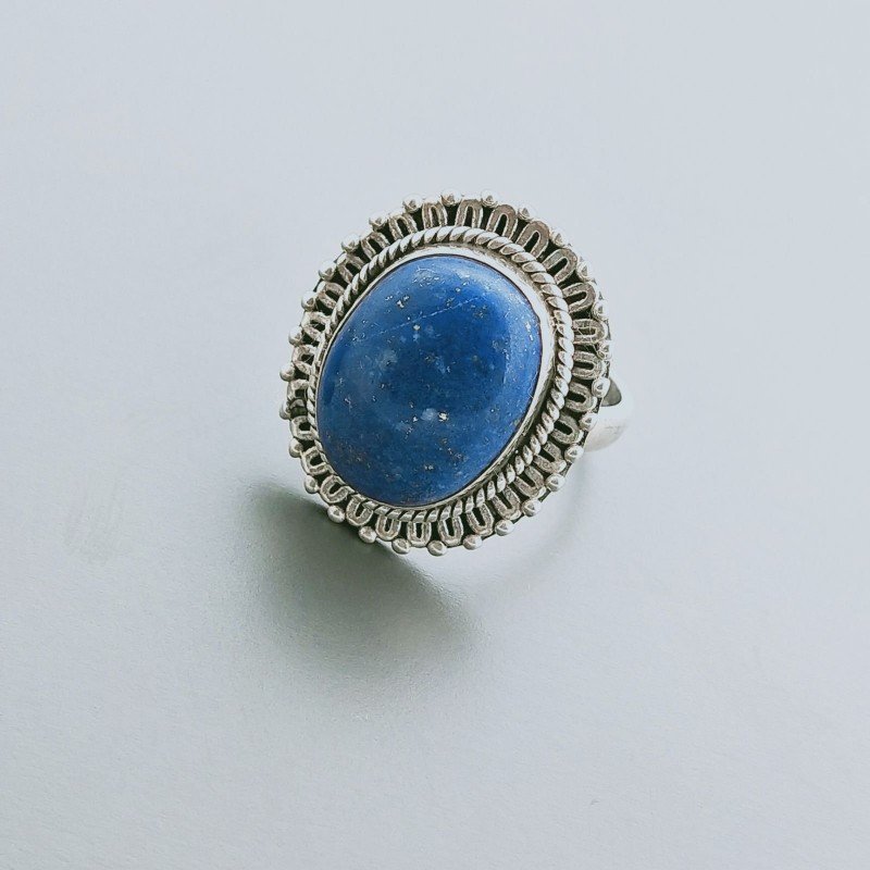 Anello Di Argento 925 Lavorato a Mano con Lapis Lazuli Cabochon Sfacettato - Misura 18