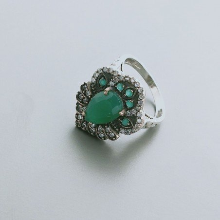 Anello Di Argento 925 con Radice di Esmeraldo e Zircone Stile Etnico - Misura 19