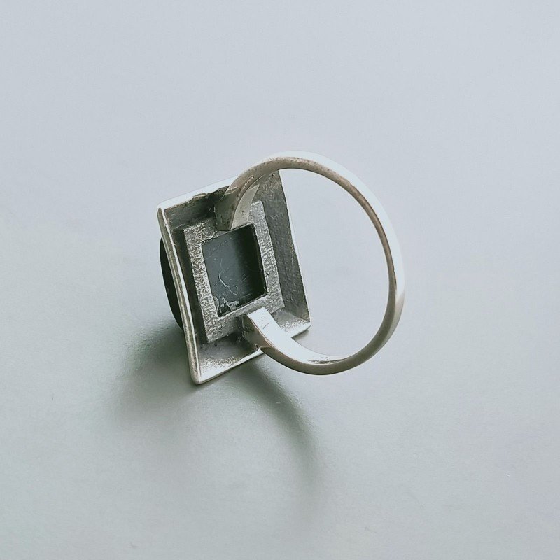 Anello Di Argento 925 Lavorato a Mano con Onice Nera Cabochon - Misura 18