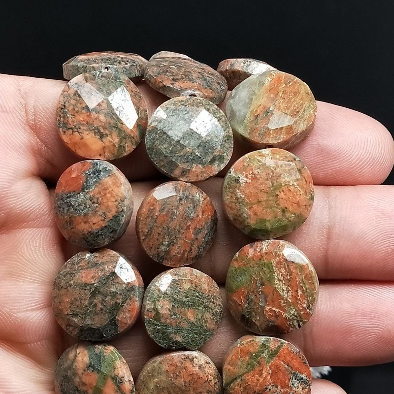 Unakite NaturaleTondo Piatto Sfaccettato A Mano 15mm-18mm