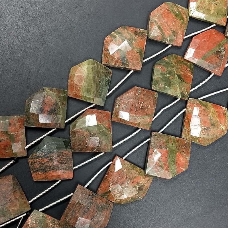 Unakite Naturale Perline Forma Diamante Piatto Foro Laterale Sfaccettato A Mano