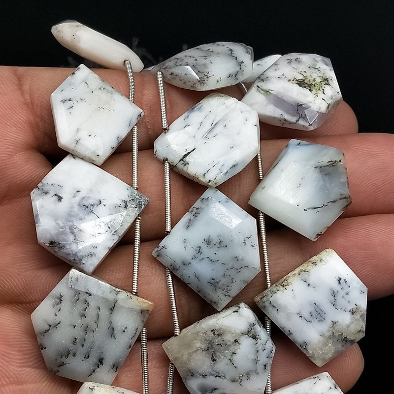 Opale Dendritica Naturale Perline Forma Diamante Piatto Foro Laterale Sfaccettato A Mano