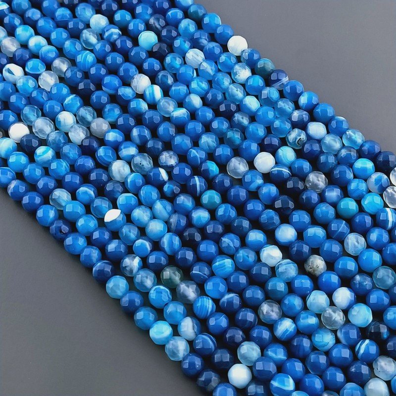Agata Brasiliana Blu Striata Sfumato Perline Forma Tondo Sfaccettato 04mm