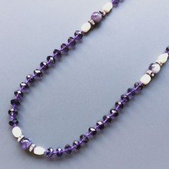 Collana cristallo viola rondelle sfac con ametista sferico liscio con perle di fiume acqua dolce e brillanti annodato